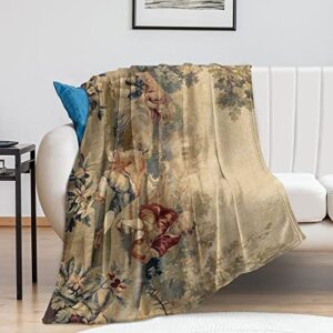 Aubusson Antique French Tapestry Print Flannel Fleece Throw Blankets 50"X40" Lightweight Fluffy Winter Fall Blanket Cozy Soft Fuzzy Plush Home Decor for Couch Bed Sofa Bedroom Living Room Travel