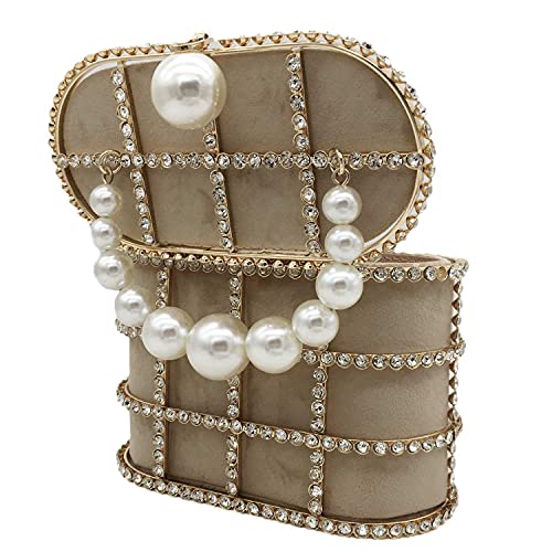 DDQYYSPP Synthetic Pearl Top-Handle Women Metal Bucket Bag Crystal Evening Purses and Clutches Formal Wedding Handbags