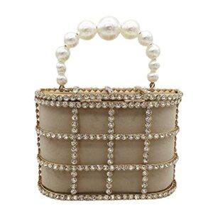 DDQYYSPP Synthetic Pearl Top-Handle Women Metal Bucket Bag Crystal Evening Purses and Clutches Formal Wedding Handbags