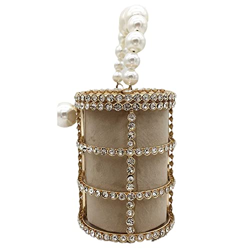 DDQYYSPP Synthetic Pearl Top-Handle Women Metal Bucket Bag Crystal Evening Purses and Clutches Formal Wedding Handbags