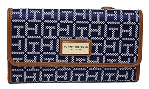 Tommy Hilfiger Women's Navy Blue Brown Logo Jacquard Checkbook Wallet Clutch Bag