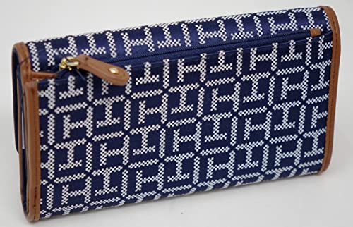 Tommy Hilfiger Women's Navy Blue Brown Logo Jacquard Checkbook Wallet Clutch Bag