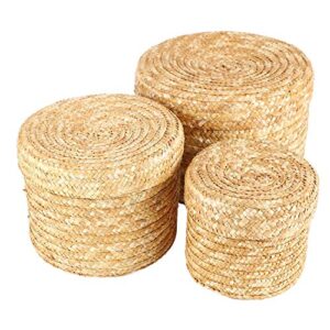 lanyazet 3 pcs/set handmade straw woven storage basket with lid organizer storage box laundry baskets rattan storage