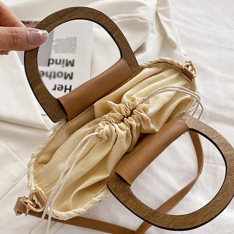 QUUL Summer Women Tote Bags Handbags Purses Weave Drawstring Closure Wooden Handle Beach Shoulder Bag