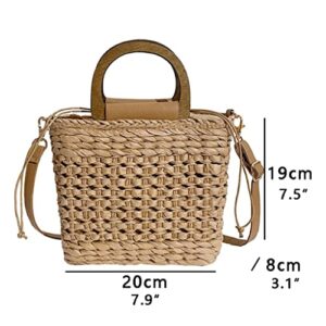 QUUL Summer Women Tote Bags Handbags Purses Weave Drawstring Closure Wooden Handle Beach Shoulder Bag