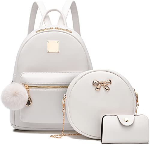 BESYIGA Girls Fashion Backpack 3-Pieces Leather Mini Backpack Purse for Women Satchel School Bags with Pompom Casual Travel Daypacks White