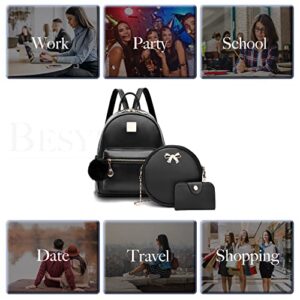 BESYIGA Girls Fashion Backpack 3-Pieces Leather Mini Backpack Purse for Women Satchel School Bags with Pompom Casual Travel Daypacks White