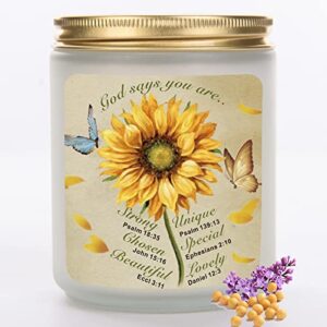 christian gifts for women, candles lavender for home scented, inspirational gifts for women, sunflower gifts for women, mom, friend, scented candles -7oz jar candle, over 35 hours of burn time