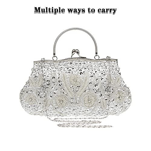 COAIMANEY Womens Vintage Floral Beaded Rhinestone Embroidery Clutch Purse Evening Handbag Shoulder Bag for Wedding Party Prom