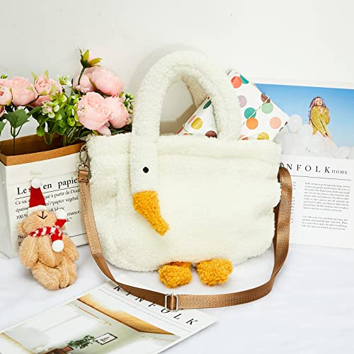 Chunful Goose Bag Cute Plush Goose Bag Lambswool Fur Goose Tote Handbag Crossbody Bag Funny Novelty Goose Bag Fuzzy Bag Soft Shoulder Bag with Removable Cross-body Bag Strap for Women Girls Gift