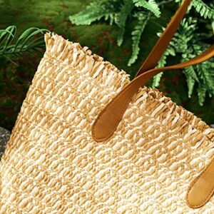 Straw tote beach shuolder handbag travel large tassels woven crossbody wicker boho Zipper lightweight shopping bags women (khaki)