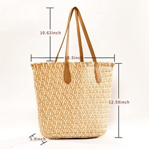 Straw tote beach shuolder handbag travel large tassels woven crossbody wicker boho Zipper lightweight shopping bags women (khaki)