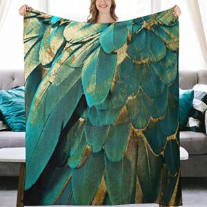 feather glitter teal and gold flannel fleece throw blankets 50″x40″ lightweight fluffy winter fall blanket cozy soft fuzzy plush home decor for couch bed sofa bedroom living room travel