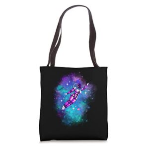 spacewoman in a suit drifting in space tote bag