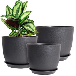 wousiwer plant pots 10/9/8 inch, set of 3 modern decorative plastic planters with drainage holes and saucers for house plants indoor flowers plants, black