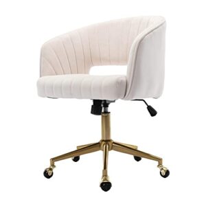 abet desk chair with wheels, velvet home office chair, swivel armchair with gold base, upholstered modern accent chairs, back incline adjustable for vanity living room bedroom, off-white cream