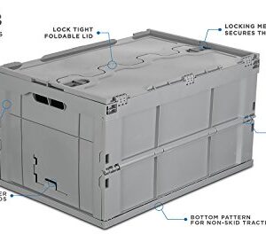 Mount-It! Folding Plastic Storage Crate, PACK OF 3, Collapsible Utility Distribution Container with Attached Lid, 65L Liter Capacity, Gray,