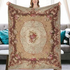 Antique Rose Floral French Aubusson Rug Flannel Fleece Throw Blankets 50"X40" Lightweight Fluffy Winter Fall Blanket Cozy Soft Fuzzy Plush Home Decor for Couch Bed Sofa Bedroom Living Room Travel