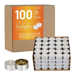 alterego unscented tea lights – 100 pack tealight candles – 6+ hour burn time – clean-burning white palm votive smokeless tealights candles for home, shabbat & anniversaries (100pack)