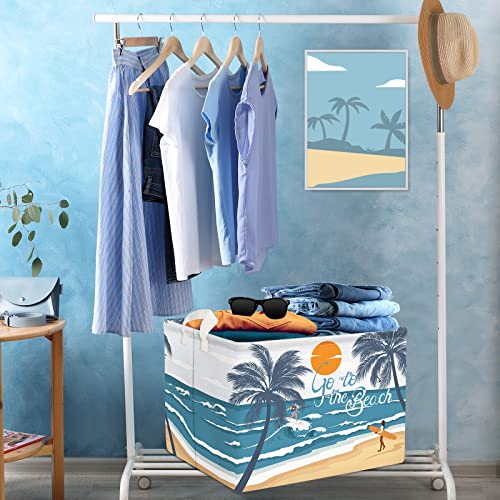 Clastyle Summer Beach Sun Sea Shelf Basket for Bedroom Coconut Trees Blue Rectangle Clothes Toys Cube Storage Basket, 36L