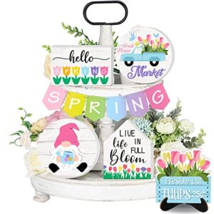 15 Pcs Spring Tiered Tray Decor Set Pride Day Tiered Tray Decor Hello Spring Wooden Signs Colorful Rainbow Wooden Blocks Love Wins Wooden Signs with Holder for Kitchen Shelf House Decor (Spring)