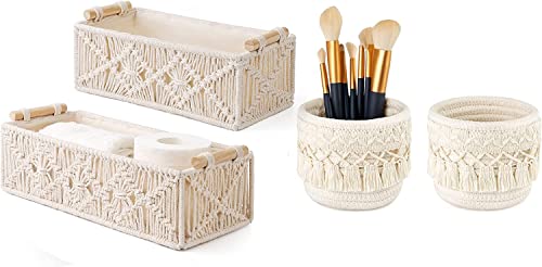 Mkono 4 Pcs Macrame Storage Baskets Boho Decor Box Makeup Brush Holder Organizer