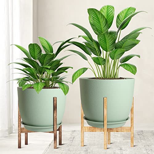 WOUSIWER Plant Pots 10/9/8 inch, Set of 3 Modern Decorative Plastic Planters with Drainage Holes and Saucers for House Plants Indoor Flowers Plants, Green