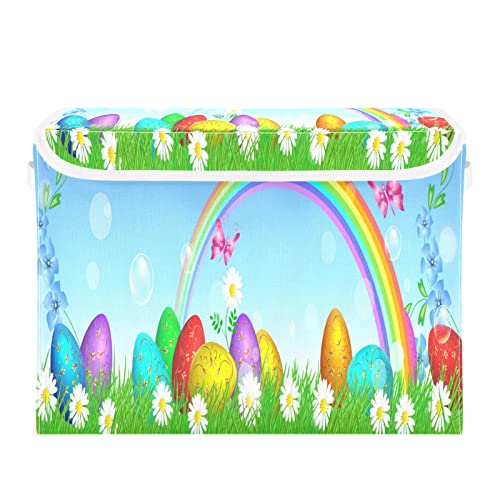 Kigai Spring Rainbow Easter Eggs Storage Basket with Lid Collapsible Storage Bin Fabric Box Closet Organizer for Home Bedroom Office 1 Pack