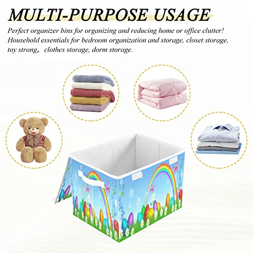 Kigai Spring Rainbow Easter Eggs Storage Basket with Lid Collapsible Storage Bin Fabric Box Closet Organizer for Home Bedroom Office 1 Pack