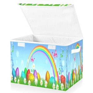 Kigai Spring Rainbow Easter Eggs Storage Basket with Lid Collapsible Storage Bin Fabric Box Closet Organizer for Home Bedroom Office 1 Pack