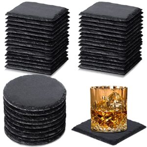 24 pieces slate coasters black slate stone coasters bulk round and square stone cup coaster set with natural rough edge for drinks home table bar kitchen housewarming gift