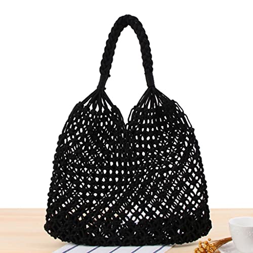 LIUZH Cotton Rope Hollow Bag Sheer Tote Bohemian Ultralight Shoulder Bags net Handbag (Color : Black, Size : 1)