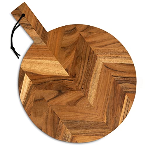 Acacia Wood Cutting Board and Chopping Board with Handle for Meat, Cheese Board, Vegetables, Bread, and Charcuterie - Decorative Round Wooden Serving Board for Kitchen and Dining Room, Large 17” x 13”