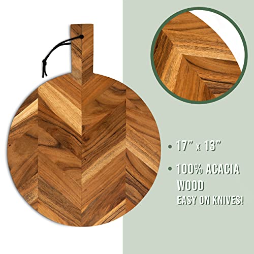 Acacia Wood Cutting Board and Chopping Board with Handle for Meat, Cheese Board, Vegetables, Bread, and Charcuterie - Decorative Round Wooden Serving Board for Kitchen and Dining Room, Large 17” x 13”