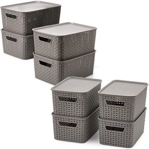 ezoware set of 8 lidded storage bins, large plastic stackable weaving wicker basket box containers with lid and handle, (15.4″ x 10.5″ x 6.7″ + 11″ x 7.3″ x 5.1″)