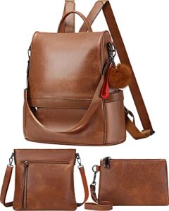 3 pcs pu leather backpack purse for women crossbody purse set women’s crossbody handbags soft college casual shoulder bag for ladies travel, brown