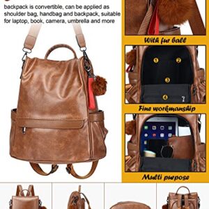 3 Pcs PU Leather Backpack Purse for Women Crossbody Purse Set Women's Crossbody Handbags Soft College Casual Shoulder Bag for Ladies Travel, Brown