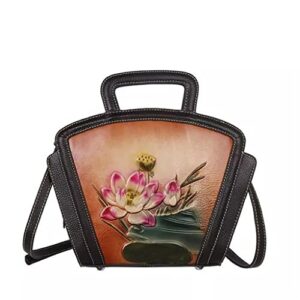 zlxdp vintage embossed women’s handbag hand painted floral women’s shoulder bag (color : black, size