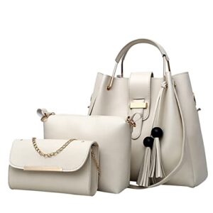 leather handbags for women, 3pcs satchel bags tote bag hobo tote bag, 2022 fashionable handbags shoulder bag purse set messenger bag fringe bags (beige)