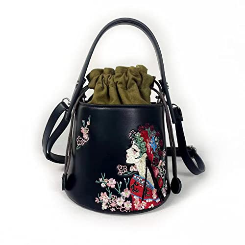 Yinzhenxiu-Small Women's Bucket Bag, PU Leather Drawstring Top Handle, Black/Colorful Embroidery Novelty Handbag Crossbody Bag