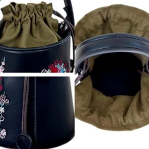 Yinzhenxiu-Small Women's Bucket Bag, PU Leather Drawstring Top Handle, Black/Colorful Embroidery Novelty Handbag Crossbody Bag