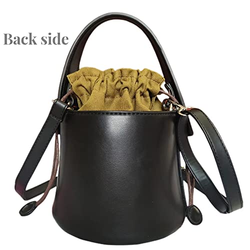 Yinzhenxiu-Small Women's Bucket Bag, PU Leather Drawstring Top Handle, Black/Colorful Embroidery Novelty Handbag Crossbody Bag