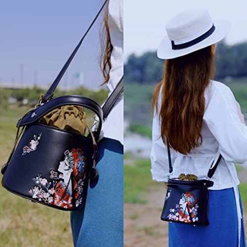 Yinzhenxiu-Small Women's Bucket Bag, PU Leather Drawstring Top Handle, Black/Colorful Embroidery Novelty Handbag Crossbody Bag