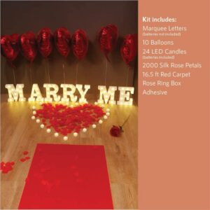 Proposal Decorations Kit, Marry Me Light Up Letters, 2000 Rose Petals, 24 Heart Shaped Romantic Candles, Red Carpet Aisle Runner 16 Feet, 10 Red Heart Balloons, 1 Engagement Rose Ring Box