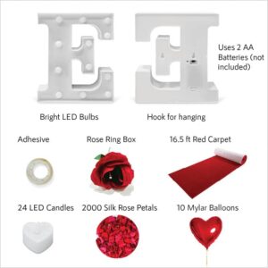 Proposal Decorations Kit, Marry Me Light Up Letters, 2000 Rose Petals, 24 Heart Shaped Romantic Candles, Red Carpet Aisle Runner 16 Feet, 10 Red Heart Balloons, 1 Engagement Rose Ring Box