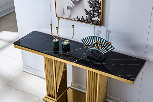 Yoluckea Contemporary Style Console Table with Marble Top and Stainless Steel Base, Gold Mirrored Finish Accent Sofa Table Entryway Hallway Table Foyer Table for Living Room, Entrance (Black)
