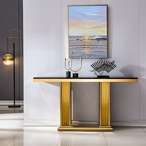 Yoluckea Contemporary Style Console Table with Marble Top and Stainless Steel Base, Gold Mirrored Finish Accent Sofa Table Entryway Hallway Table Foyer Table for Living Room, Entrance (Black)