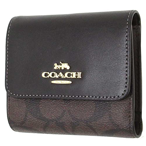 COACH Small Trifold Wallet in Signature Canvas in Brown/Black