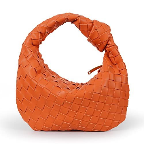 Womens Vegan Leather Woven Handbag Fashion Handmade Beach Bag Top-handle Handbag Bottega Bag Dupes Naghedi hobo bag for Women (Orange)