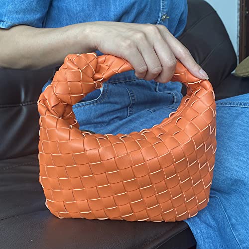 Womens Vegan Leather Woven Handbag Fashion Handmade Beach Bag Top-handle Handbag Bottega Bag Dupes Naghedi hobo bag for Women (Orange)